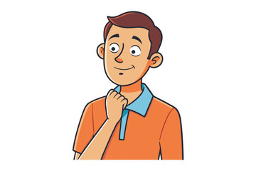 Cartoon illustration of a smiling young man with brown hair wearing an orange polo shirt with a blue collar touching his chin thoughtfully
