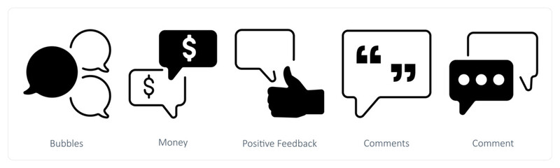 A set of 5 mix icons as bubbles, money, positive feedback