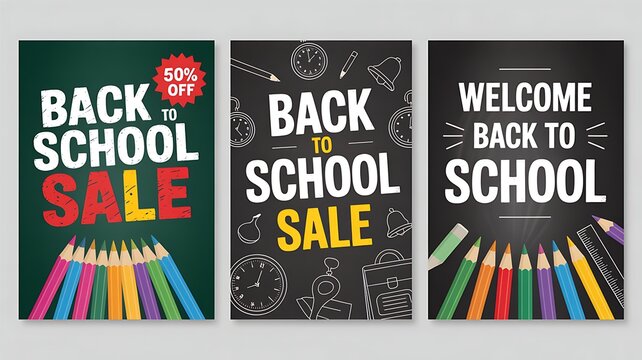 Set of back to school sale poster designs with colorful text, chalkboard backgrounds, and educational doodle elements
