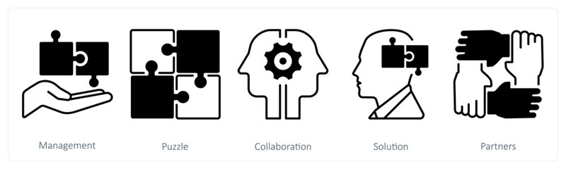 A set of 5 mix icons as management, puzzle, collaboration