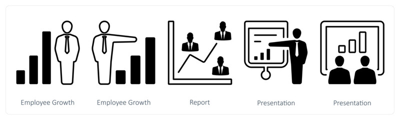 A set of 5 mix icons as employee growth, report, presentation