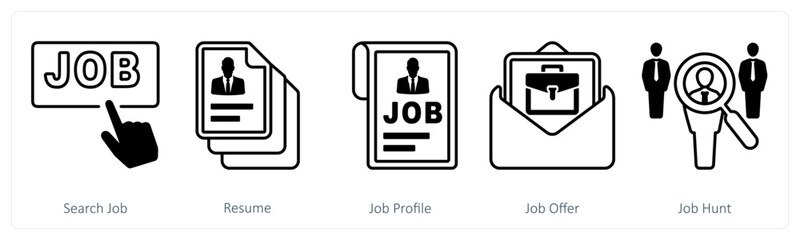 A set of 5 mix icons as search job, resume, job profile