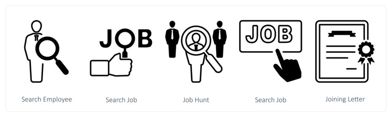 A set of 5 mix icons as search employee, search job, job hunt