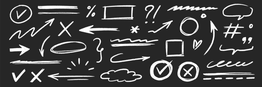 Hand drawn line brush icon set. Chalkboard underline, arrow, scribble, check mark and sketch element in chalk texture. Hand style shape, symbol, heart and star on blackboard. Vector illustration