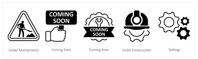 A set of 5 mix icons as unser maintenance, coming soon, under constructio