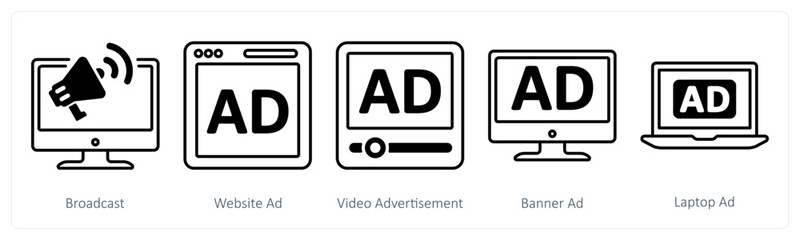 A set of 5 mix icons as broadcast, website ad, video advertisement 