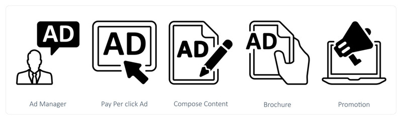 A set of 5 mix icons as ad manager, pay per click ad, compose content