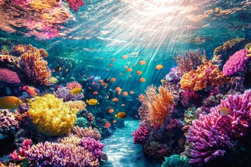 Naklejka premium Sunlight Dancing on a Lively Coral Ecosystem