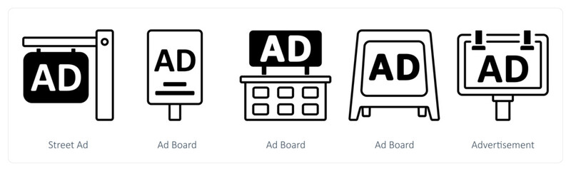 A set of 5 mix icons as street ad, ad board, advertisement
