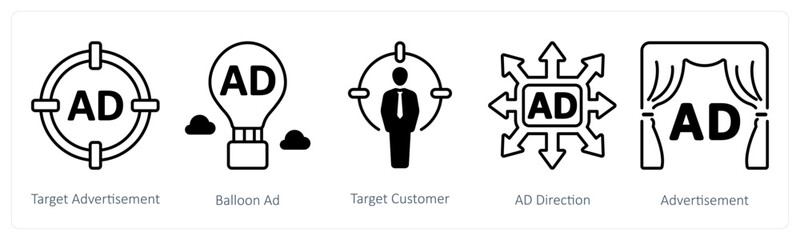 A set of 5 mix icons as target advertisement, balloon ad, target customer