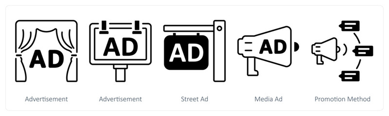 A set of 5 mix icons as advertisement, advertisement, street ad, media