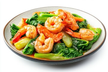 Shrimp and vegetable stir fry on plate, healthy eating and food photography use cases