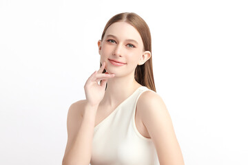 A beautiful young woman with clean, fresh skin against a white background. Skincare, facial...
