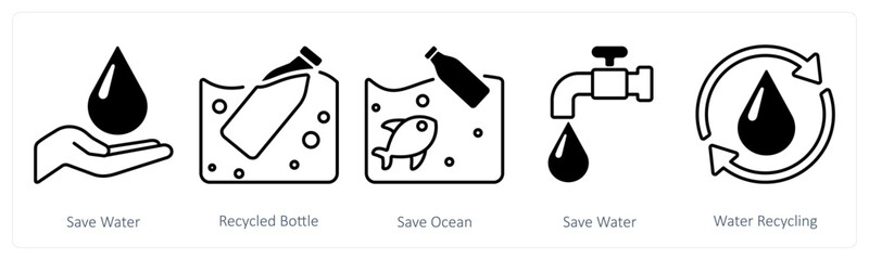 A set of 5 mix icons as save water, recycled bottle, save ocean