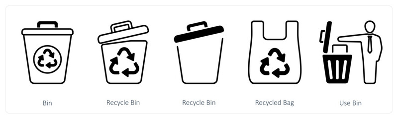 A set of 5 mix icons as bin, recycle bin, recycle bag
