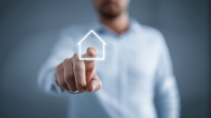 Businessman touching illuminated house icon representing smart home technology concept