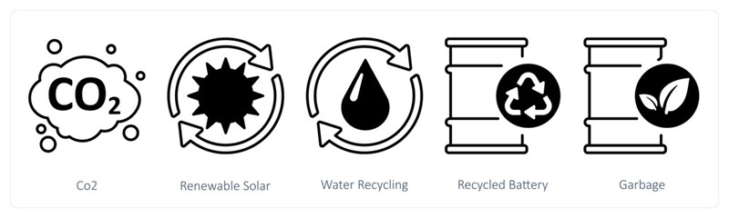 A set of 5 mix icons as co2, renewable solar, water recycling