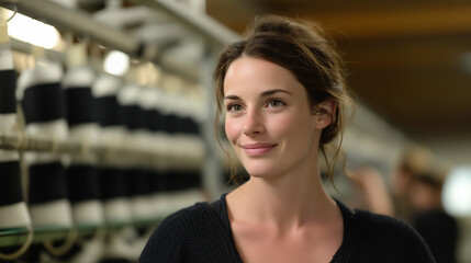Young female entrepreneur smiling confidently in modern startup workspace environment