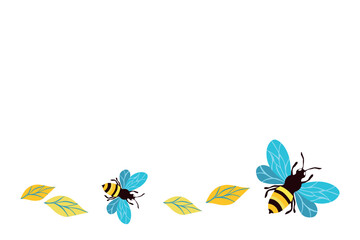 Cartoon bee mascot. Little bee flying. Wasp collection. Vector bumblebee characters. Insect icon. Design template for invitation, card. Doodle style. Background with copy space.