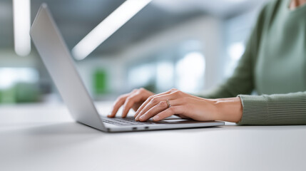 Remote work lifestyle with hands typing on computer in bright contemporary workspace
