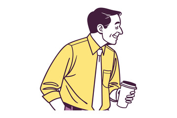 Smiling businessman in yellow shirt and tie holding a coffee cup with eyes closed in a relaxed pose
