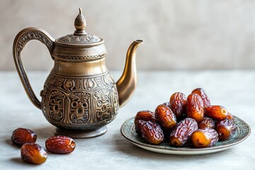 Ramadan dates with arabic teapot still life for iftar celebration use cases