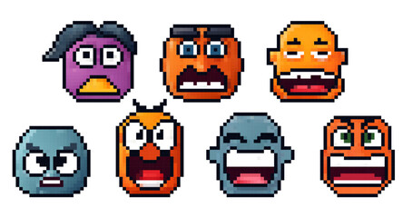 Diverse collection of pixel art faces displaying various emotions in a colorful vector format