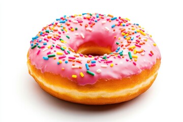 Delicious donut with pink frosting and colorful sprinkles for dessert, snack, or breakfast use cases