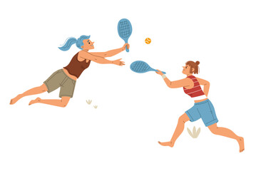 Beach Tennis Match: Capture the energy of summer beach tennis with vibrant depiction of two players engaged in an exciting point, set against the backdrop of the shoreline and sea.