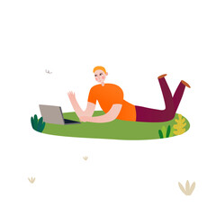 Man Relaxing with Laptop: A relaxed individual lies on a patch of grass, fully engrossed in his laptop, signifying the harmony of nature and digital interaction.