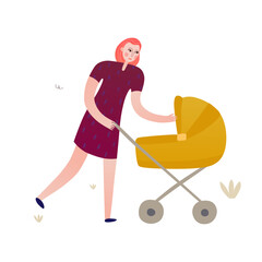 Motherhood Stroll: A young mother strolls with her baby in a stylish yellow pram, enjoying a leisurely walk in the fresh air. 