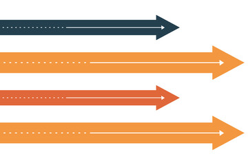 Four colored arrows pointing right with dotted lines on black background isolated on a