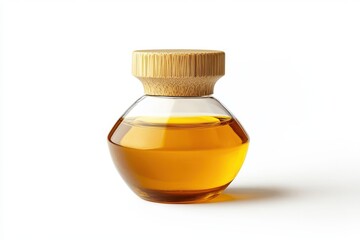 Glass bottle with golden liquid inside and wooden cap, for oil, syrup, or cosmetic uses
