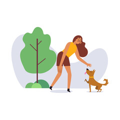 Playful Bond in Park: A lady extends her hand towards a playful dog with a joyous face, capturing a heartwarming interaction. The setting suggests a friendly and relaxed environment. 