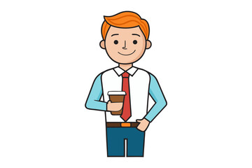 Smiling cartoon man with orange hair wearing a blue shirt and red tie holding a coffee cup