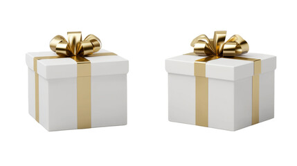 White Gift Boxes with Golden Ribbon Decoration Isolated on White Background
