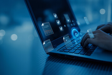 Person working on a laptop with digital data floating around