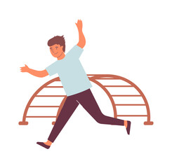 Happy Boy Running: A joyful boy with a playful expression runs freely past a playground climbing frame, embodying carefree childhood energy.