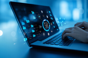 Hands typing on a laptop with digital files and folders appearing on the screen