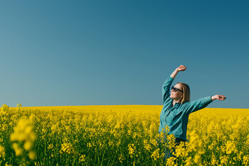 A cheerful woman enjoys the sunshine in a yellow flower field