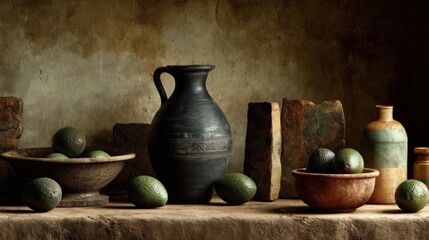 Still Life with Avocados and Ancient Pottery