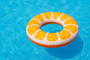 An orange inflatable ring floats in a refreshing blue pool
