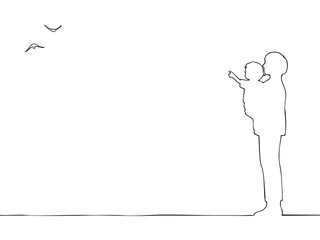 親子のシルエットイラスト　鳥を見る父子