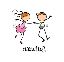 Dance Delight: Simple figures twirl in joyful embrace, captured in a delightful cartoon style that embodies the spirit of movement and happiness.