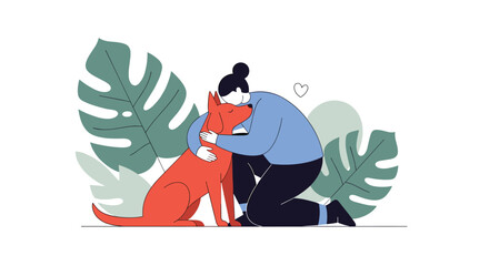 Fototapeta premium Illustrative depiction of a person embracing their beloved canine companion surrounded by lush green foliage and plants representing a serene outdoor setting
