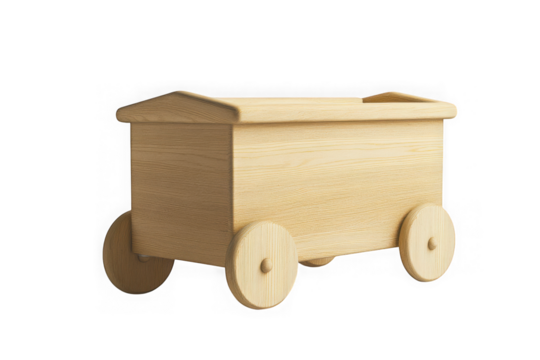 Wooden toy wagon cart for kids children playtime fun, vintage style decorative object, isolated on transparent background