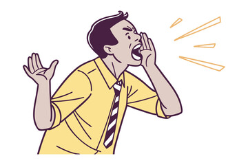 Cartoon businessman shouting loudly with his hand cupped around his mouth and an expression of anger or urgency conveying a strong message