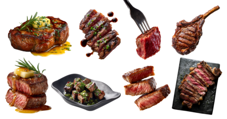 Set of beef steak meat, Wagyu tenderloin sirloin tomahawk T-bone ribeye, sliced, barbecue bbq grilled, fork, on stone slate plate isolated on transparent cutout PNG. Mockup template for design	
