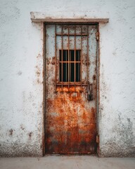 An old rusted door with a barred window set into a textured white wall in sunlight