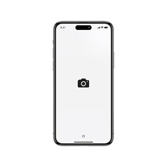 Mobile phone mockup featuring a camera icon against a clean white screen, perfect for app development or UI design presentations, transparent background